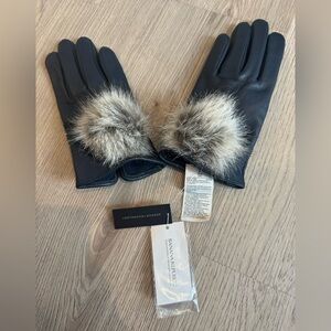 Brand New - Banana Republic Dark Blue Goat Leather Gloves with Fur Trim